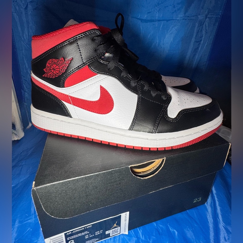 Nike Air Jordan I Mid - Red, White, and Black Sneakers - Size 8